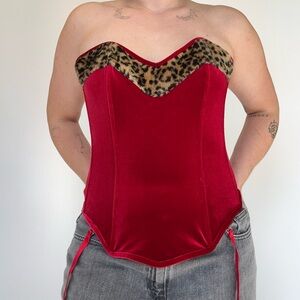 Vintage 80s/90s Red Velvet Leopard Trim Corset Top